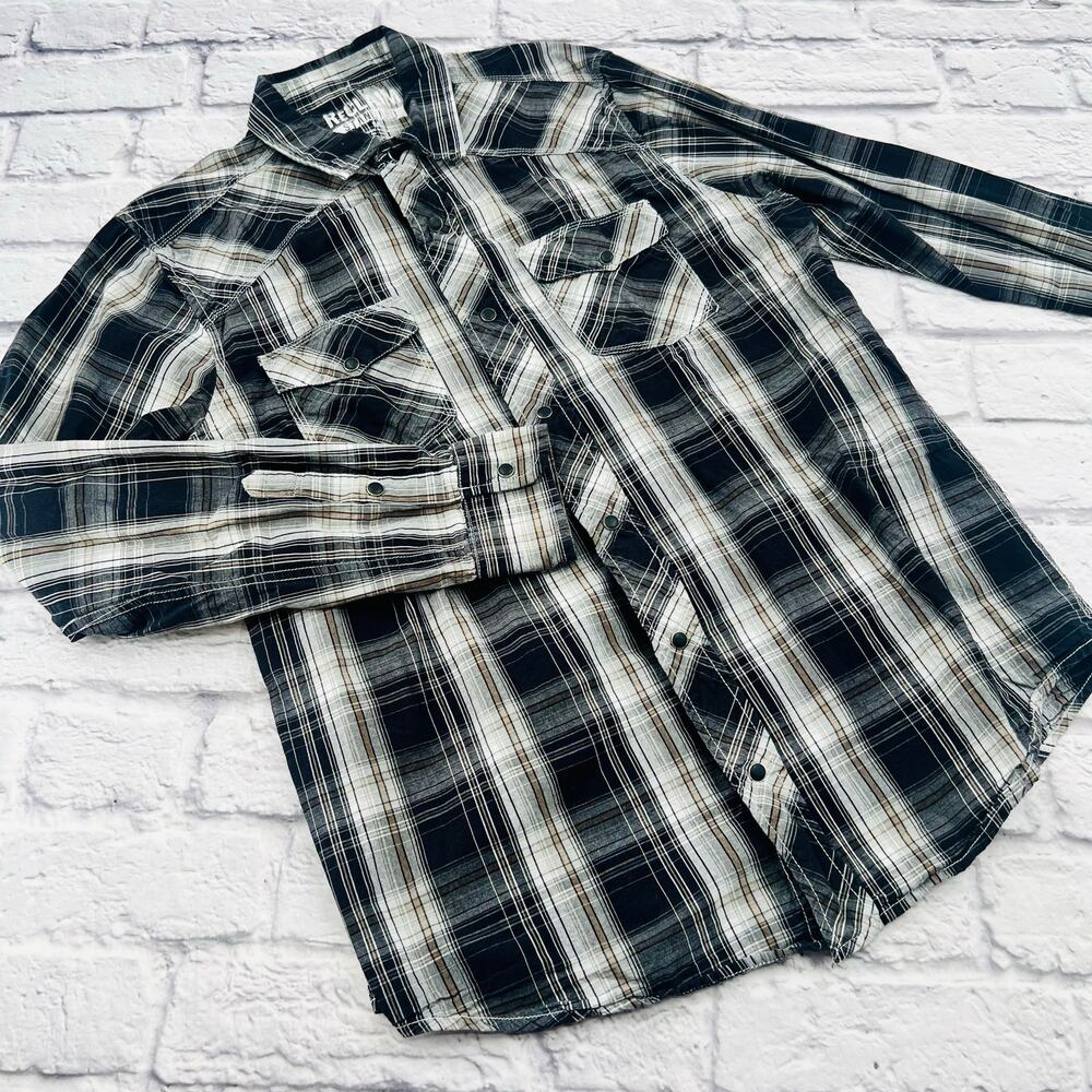 RECLAIM Men's Standard Pearl Snap Shirt Medium Black White Plaid Long Sleeve
